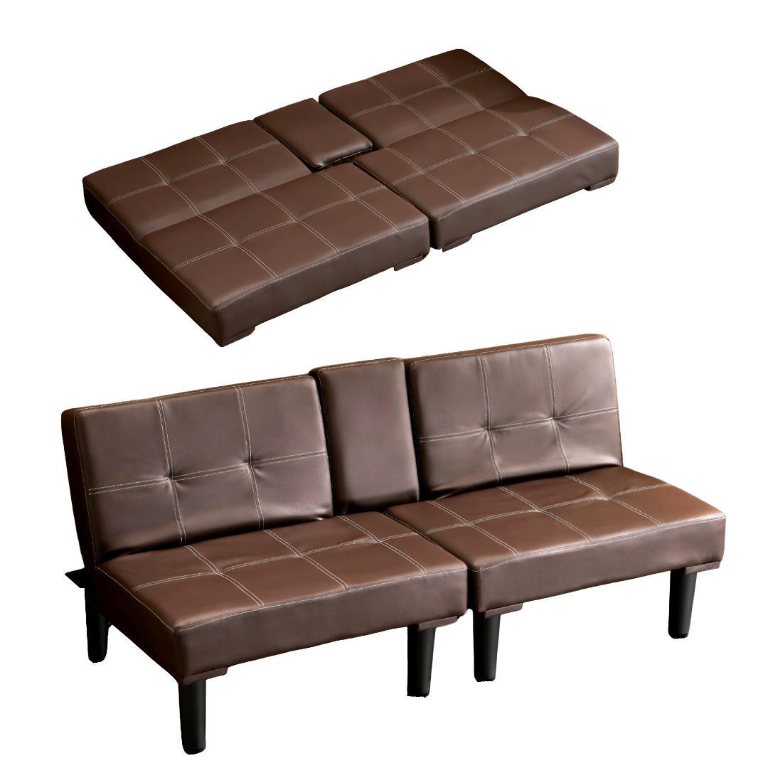 超人気！ソファベッド ソファ ベッド カップホルダー付き 組立て簡単 BROWN