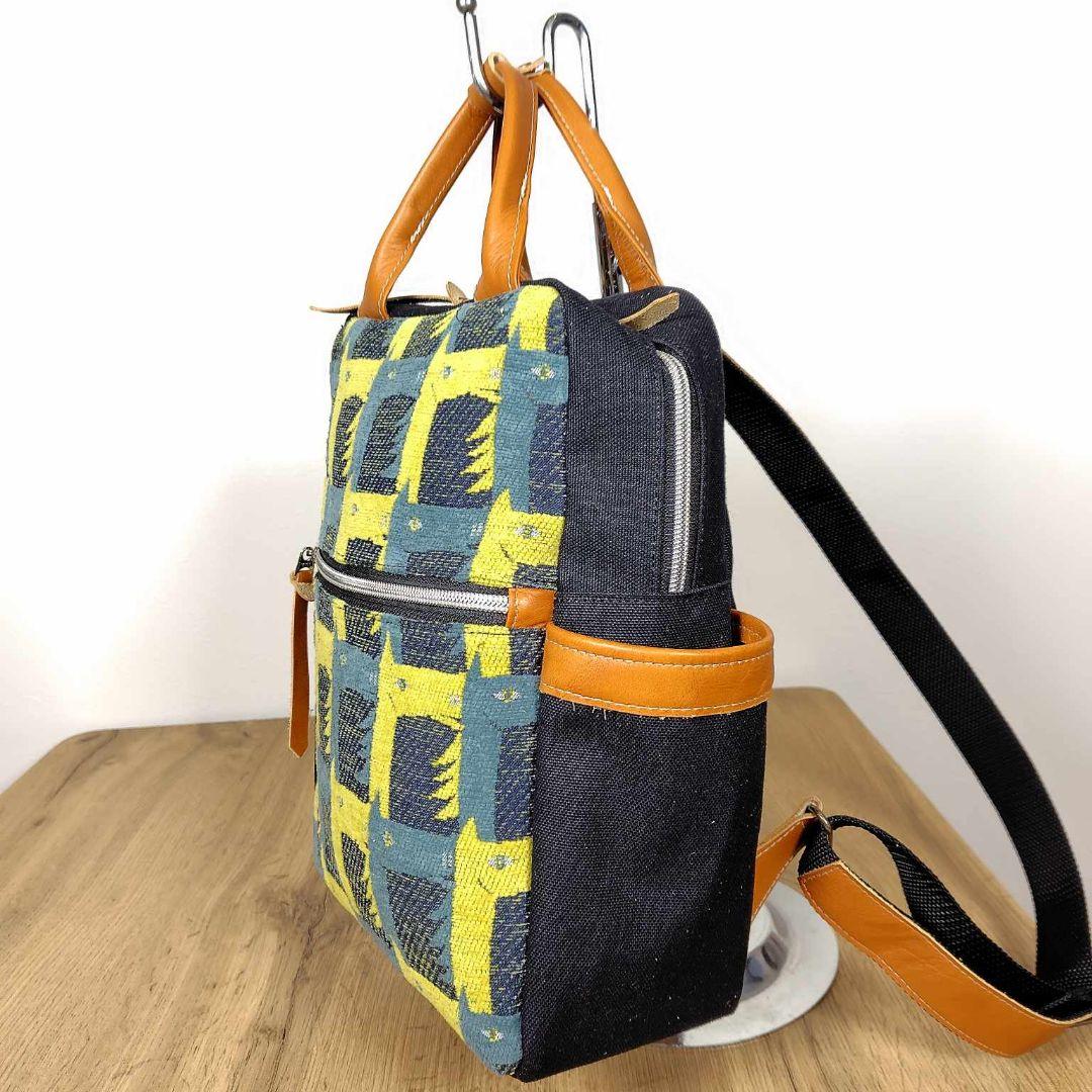 【１点のみ】ミナペルホネン/サラブレッドネイビー/ボストン型リュック本革キャメル