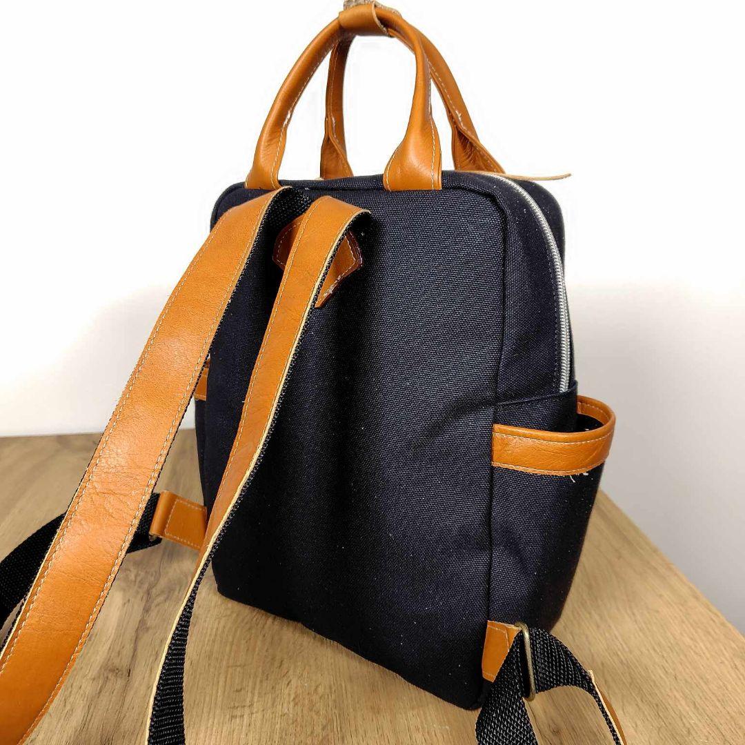 【１点のみ】ミナペルホネン/サラブレッドネイビー/ボストン型リュック本革キャメル