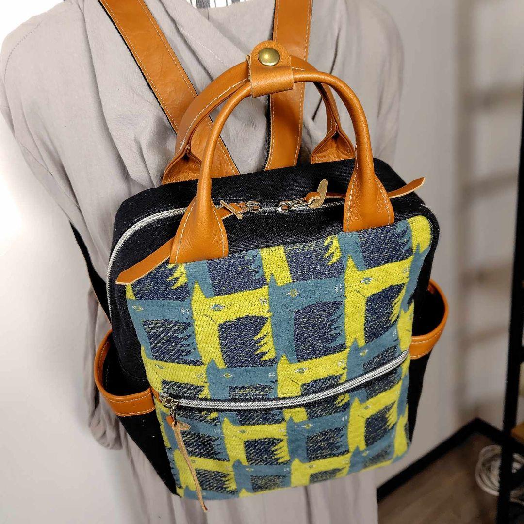 【１点のみ】ミナペルホネン/サラブレッドネイビー/ボストン型リュック本革キャメル