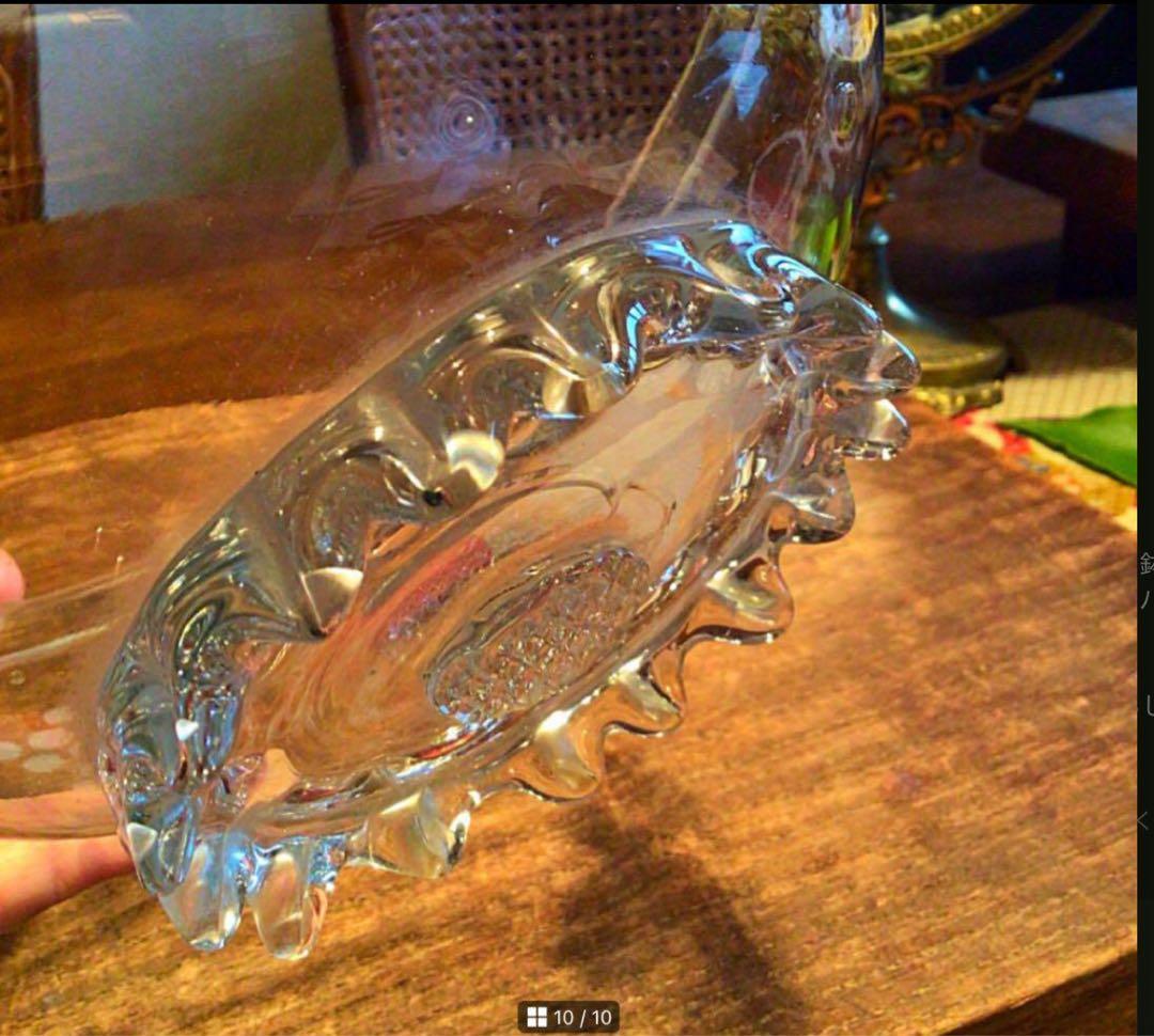 A366 アンティーク吹きガラス　グラグヴール　カットガラス　葡萄紋様　鉢　1客