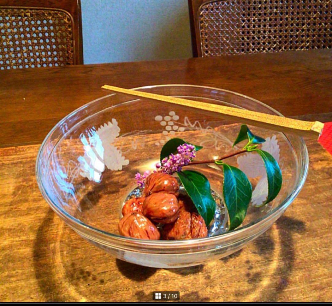 A366 アンティーク吹きガラス　グラグヴール　カットガラス　葡萄紋様　鉢　1客