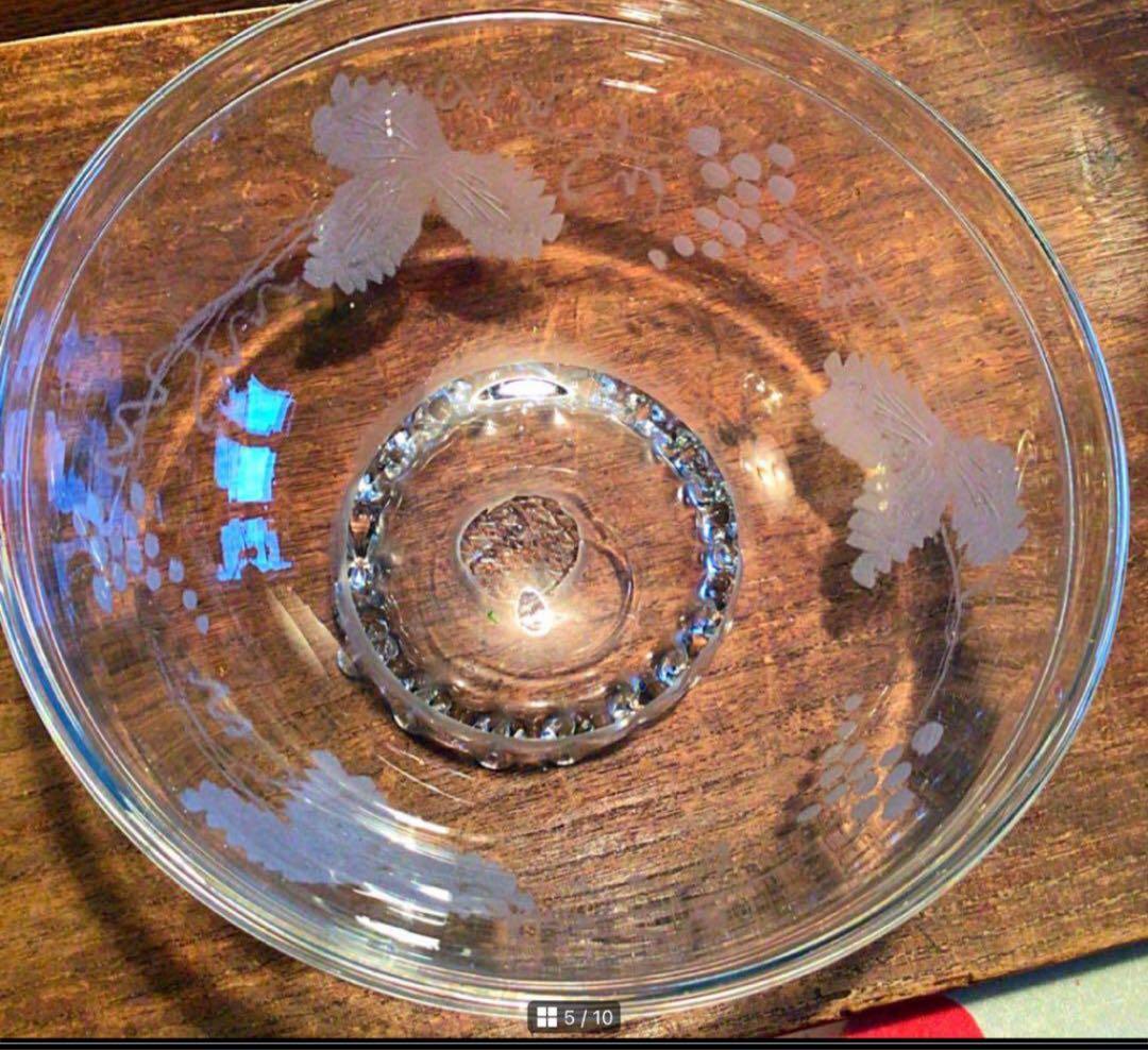 A366 アンティーク吹きガラス　グラグヴール　カットガラス　葡萄紋様　鉢　1客