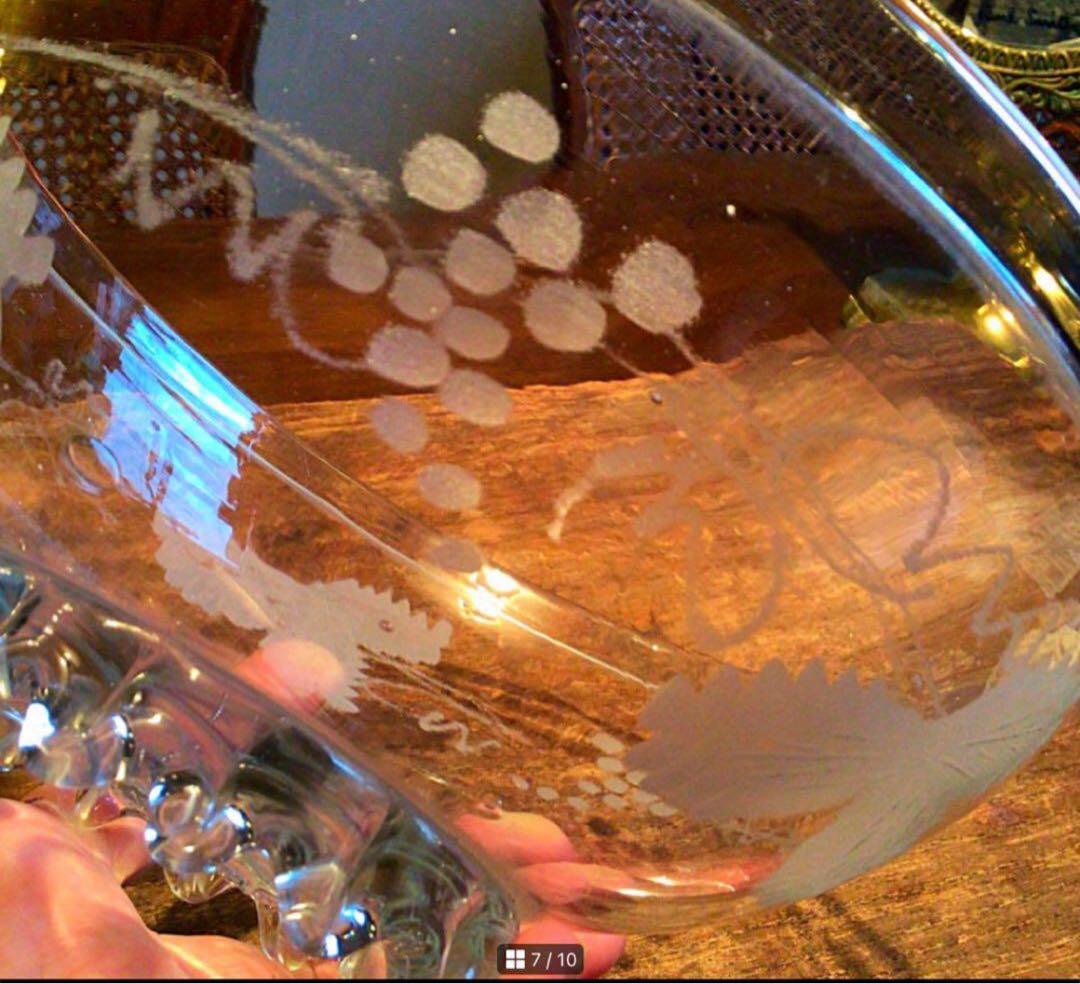 A366 アンティーク吹きガラス　グラグヴール　カットガラス　葡萄紋様　鉢　1客