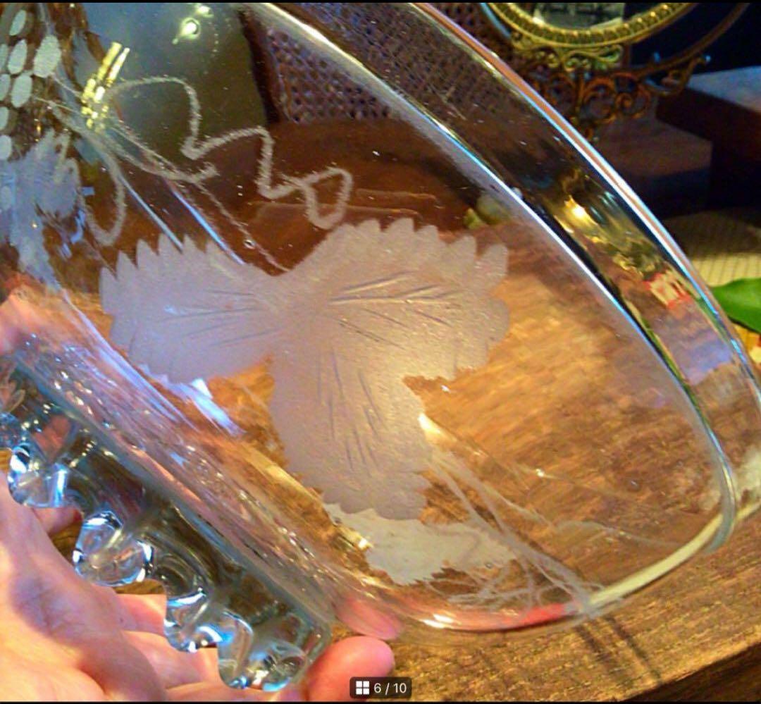 A366 アンティーク吹きガラス　グラグヴール　カットガラス　葡萄紋様　鉢　1客