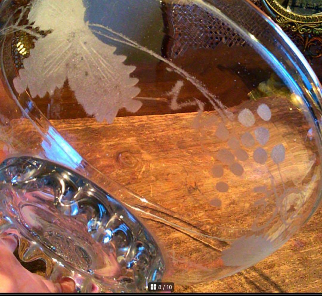 A366 アンティーク吹きガラス　グラグヴール　カットガラス　葡萄紋様　鉢　1客