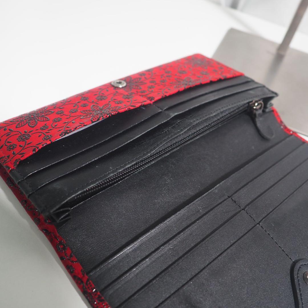 甲州印伝 本革 長財布 赤黒地×黒漆 花柄 印傳屋 クレマチス 札入れ 極美品