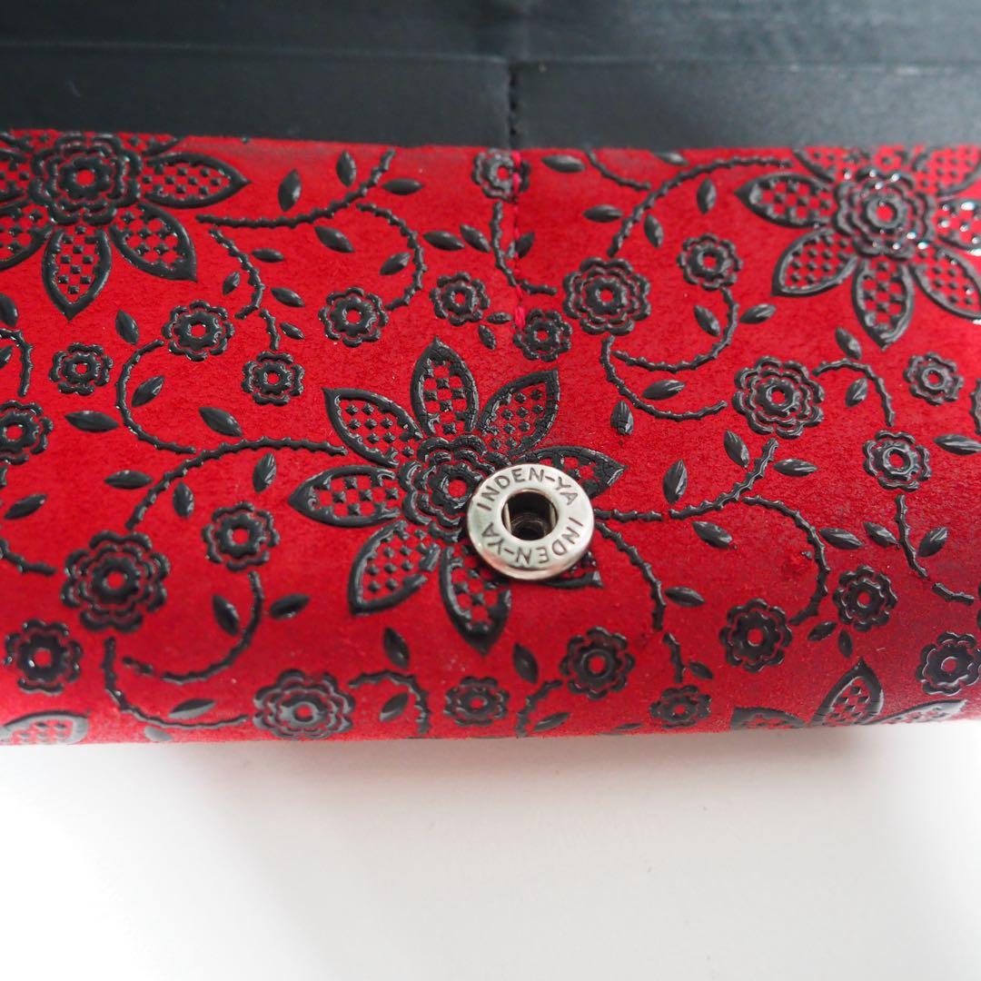 甲州印伝 本革 長財布 赤黒地×黒漆 花柄 印傳屋 クレマチス 札入れ 極美品