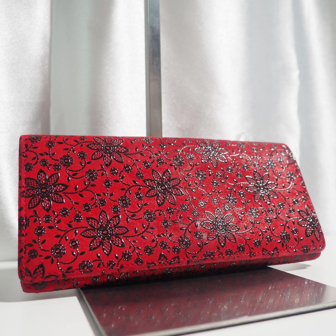 甲州印伝 本革 長財布 赤黒地×黒漆 花柄 印傳屋 クレマチス 札入れ 極美品