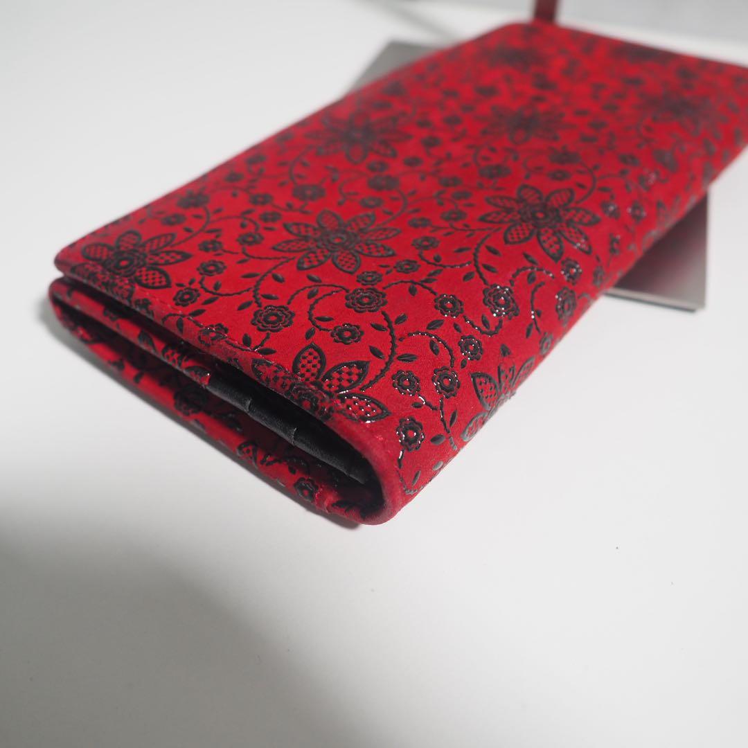 甲州印伝 本革 長財布 赤黒地×黒漆 花柄 印傳屋 クレマチス 札入れ 極美品