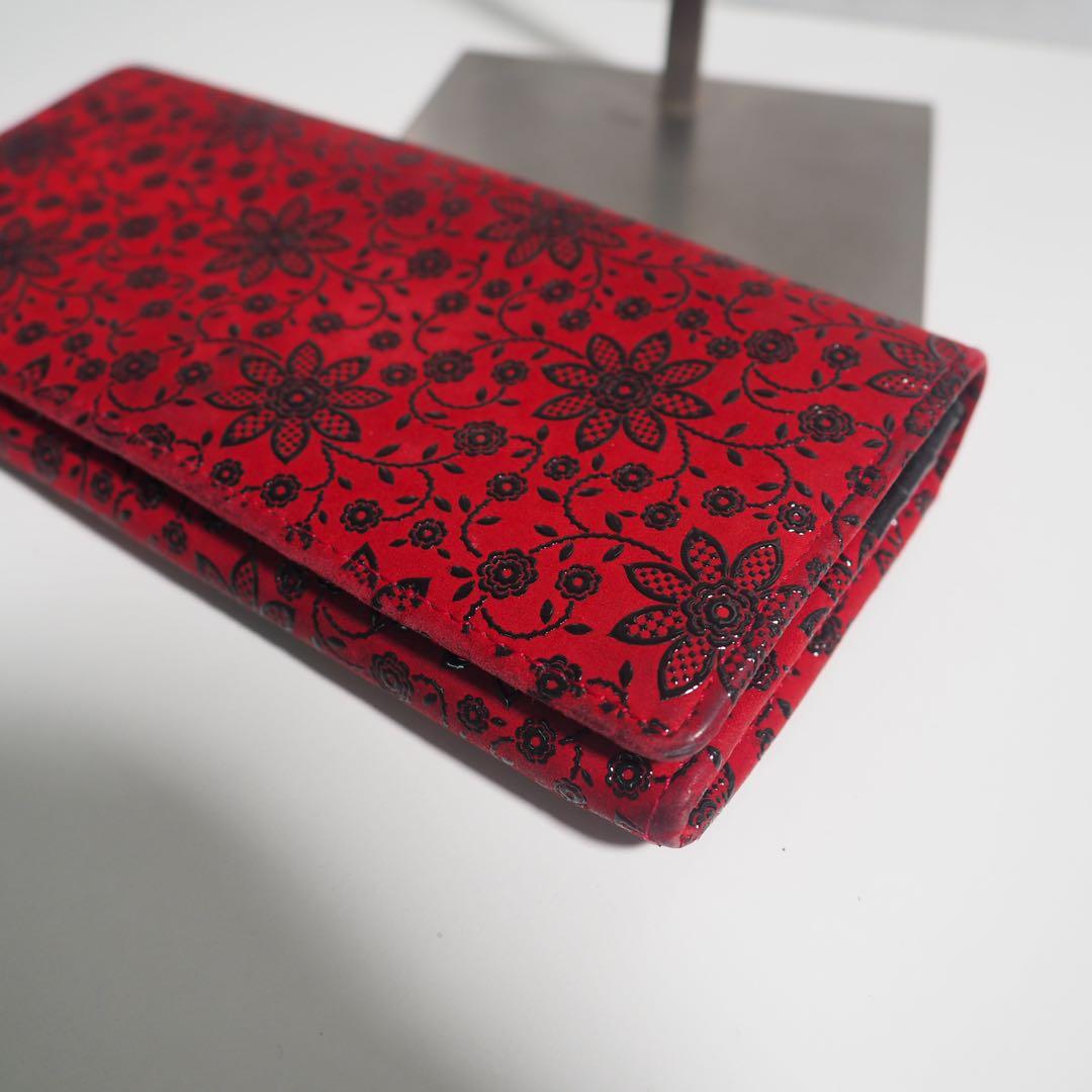 甲州印伝 本革 長財布 赤黒地×黒漆 花柄 印傳屋 クレマチス 札入れ 極美品