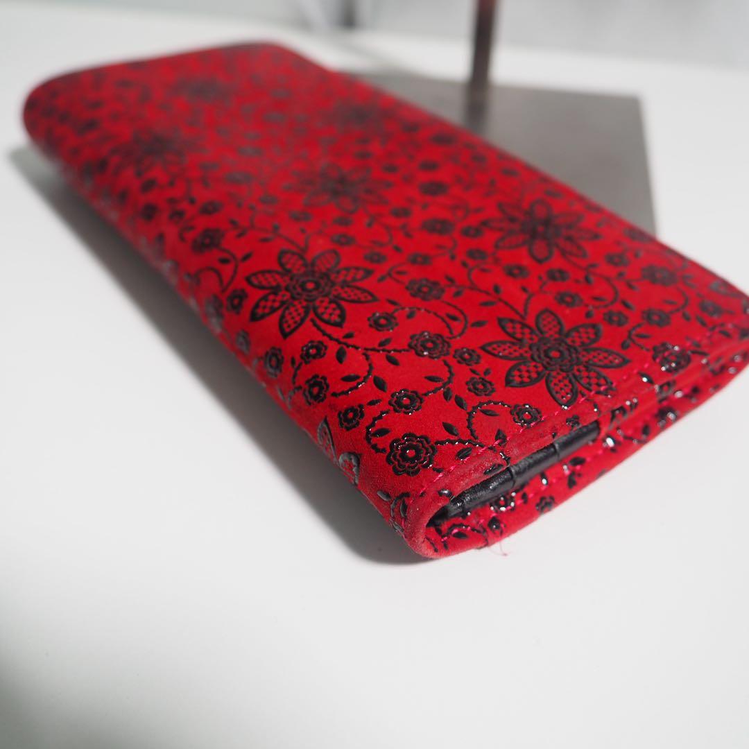 甲州印伝 本革 長財布 赤黒地×黒漆 花柄 印傳屋 クレマチス 札入れ 極美品