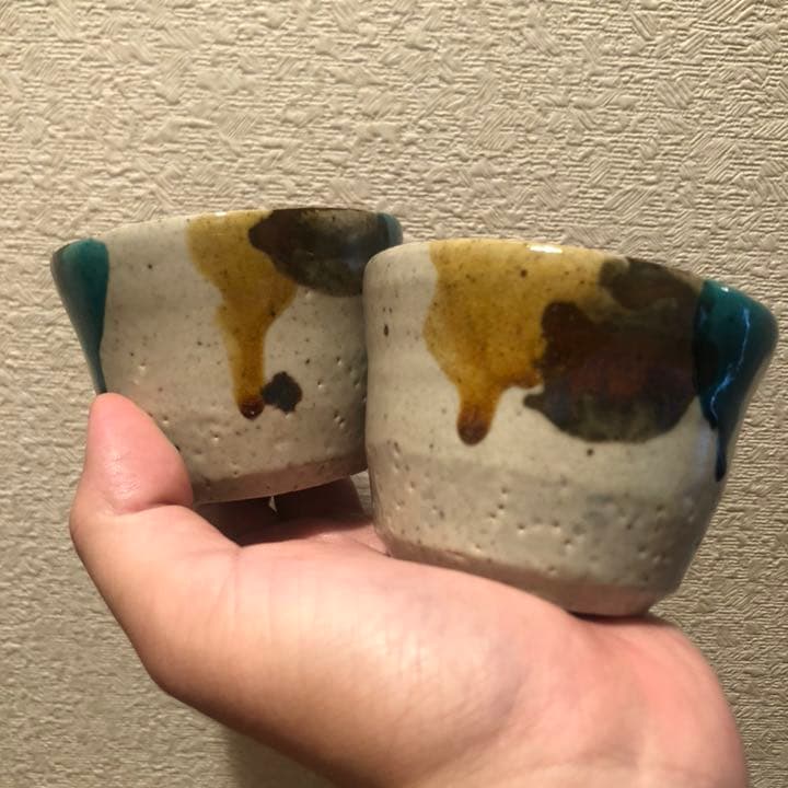 民藝岩井窯山本教行さんフリーカップポット黄秞いっちん文飴色