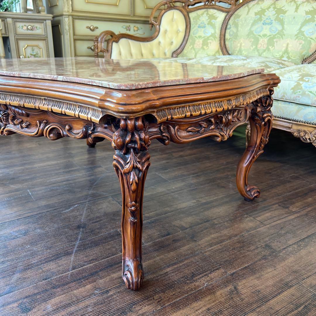 k489 イタリア製 見事なまでの彫刻装飾 センターテーブル 重厚感のある大理石