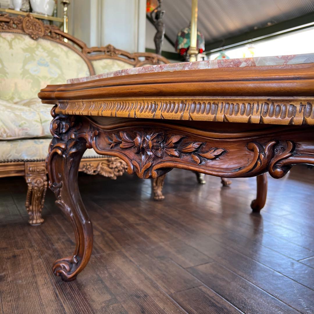 k489 イタリア製 見事なまでの彫刻装飾 センターテーブル 重厚感のある大理石