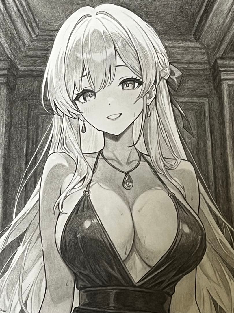 【手描き原画】鉛筆画 A4 黒ドレス line_n_shade