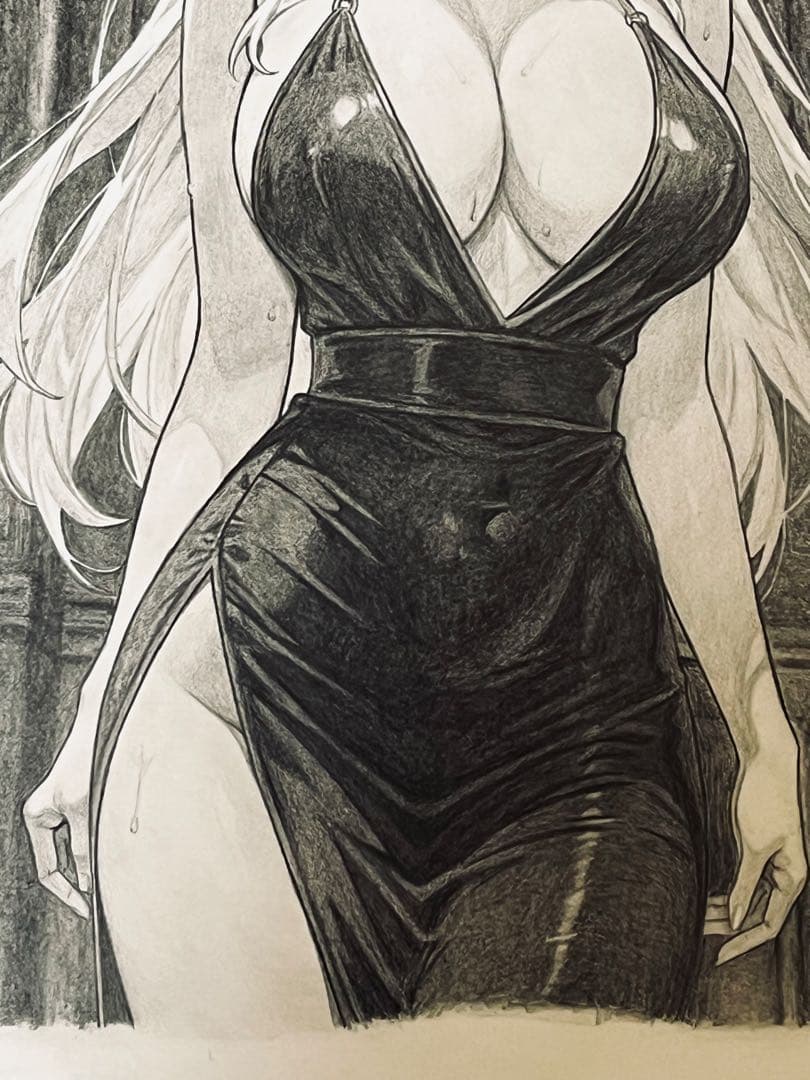【手描き原画】鉛筆画 A4 黒ドレス line_n_shade