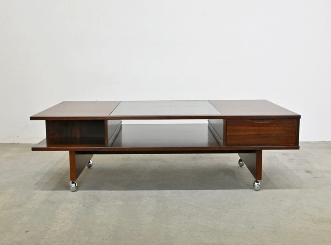 ダークブラウン 木製センターテーブル ガラス天板