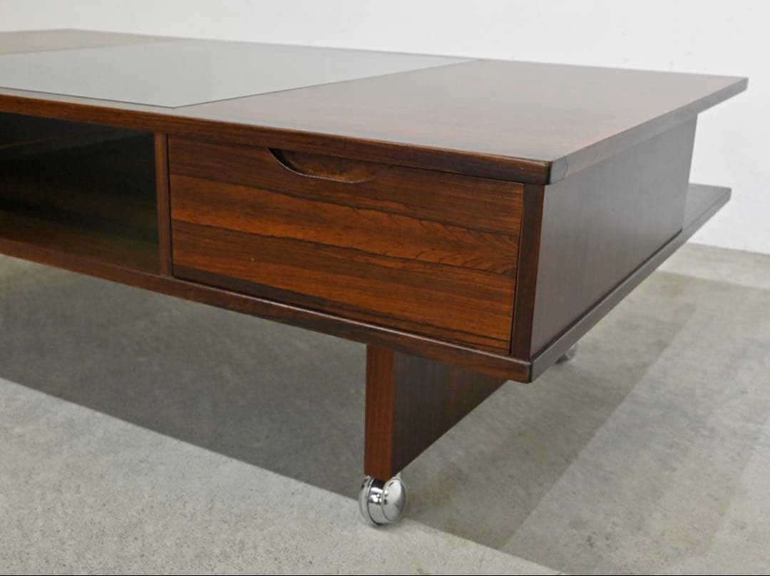 ダークブラウン 木製センターテーブル ガラス天板