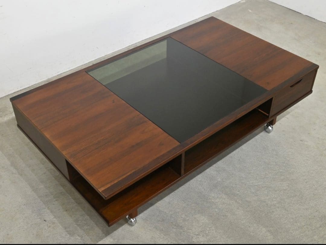 ダークブラウン 木製センターテーブル ガラス天板