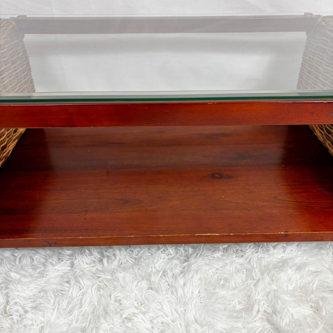 ニッセン レトロ エスニック ラタンテーブル ガラス天板 座卓 センターテーブル