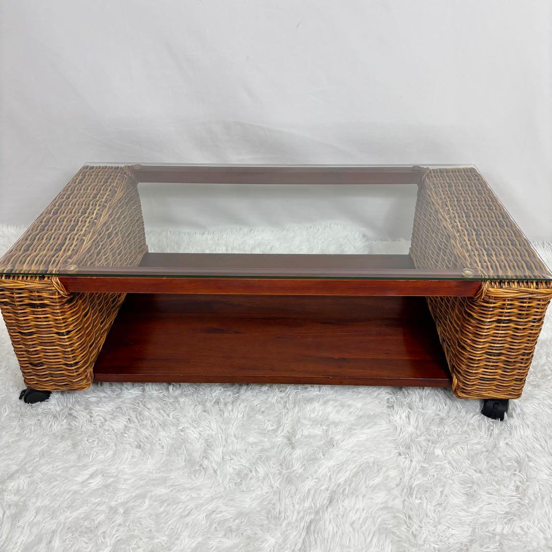 ニッセン レトロ エスニック ラタンテーブル ガラス天板 座卓 センターテーブル