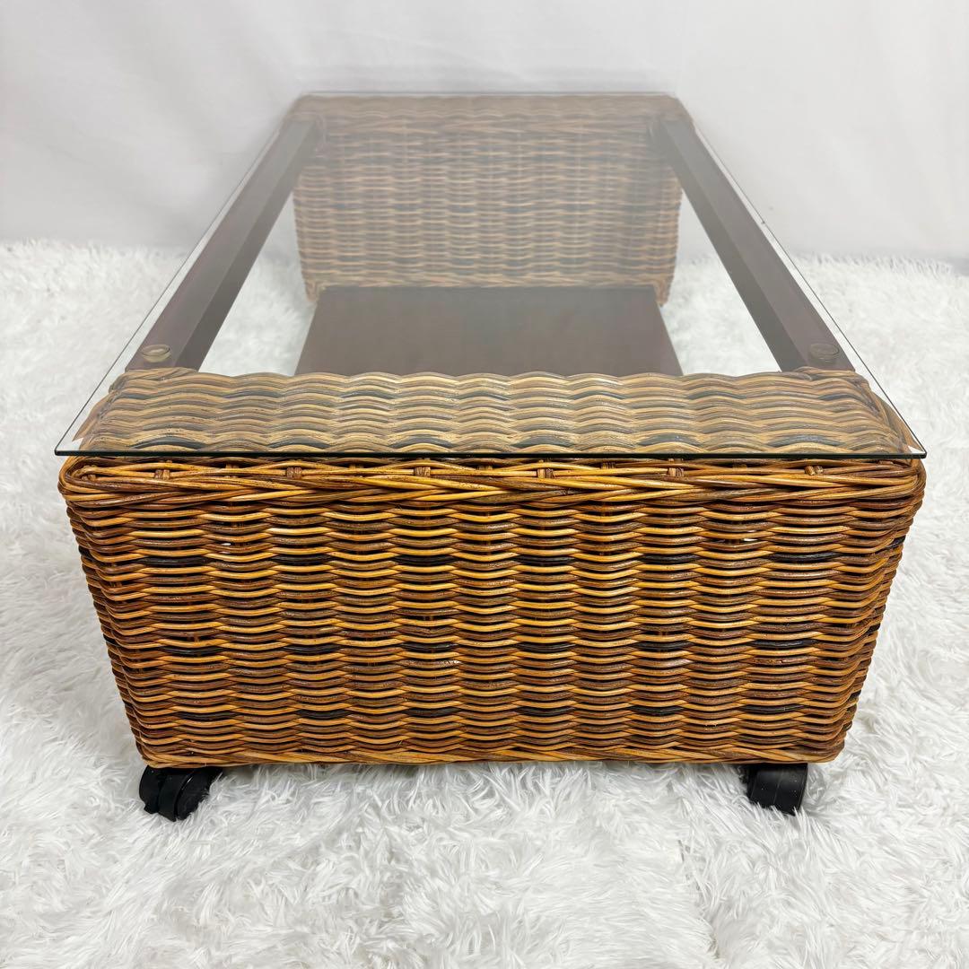 ニッセン レトロ エスニック ラタンテーブル ガラス天板 座卓 センターテーブル