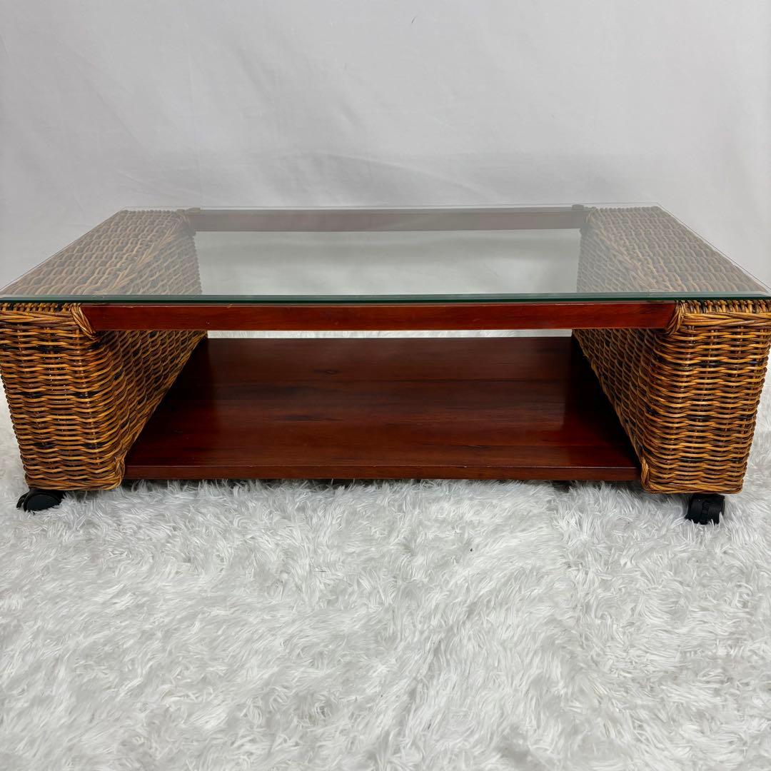 ニッセン レトロ エスニック ラタンテーブル ガラス天板 座卓 センターテーブル