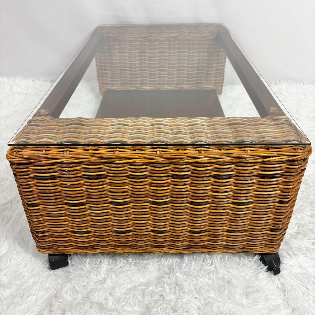 ニッセン レトロ エスニック ラタンテーブル ガラス天板 座卓 センターテーブル