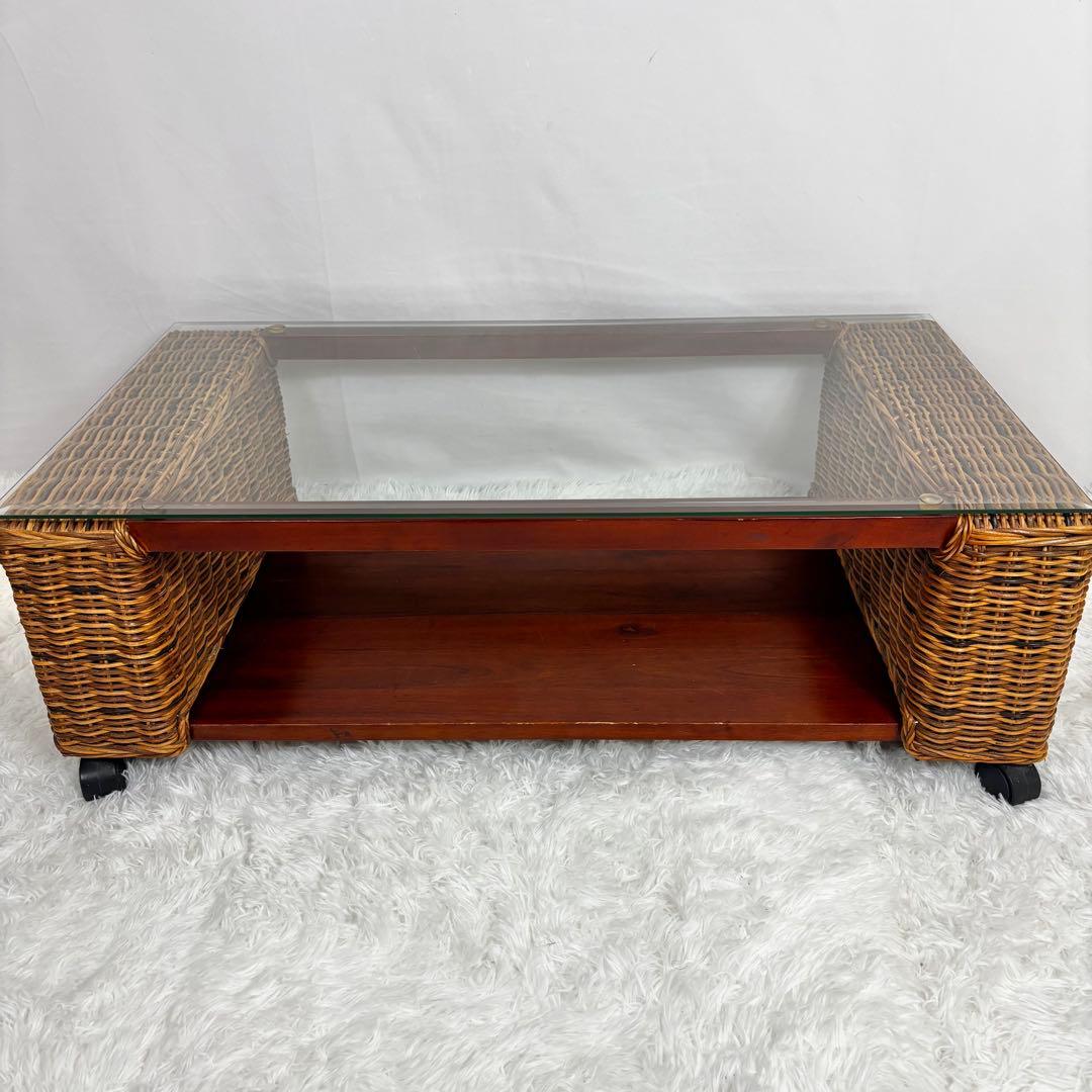 ニッセン レトロ エスニック ラタンテーブル ガラス天板 座卓 センターテーブル