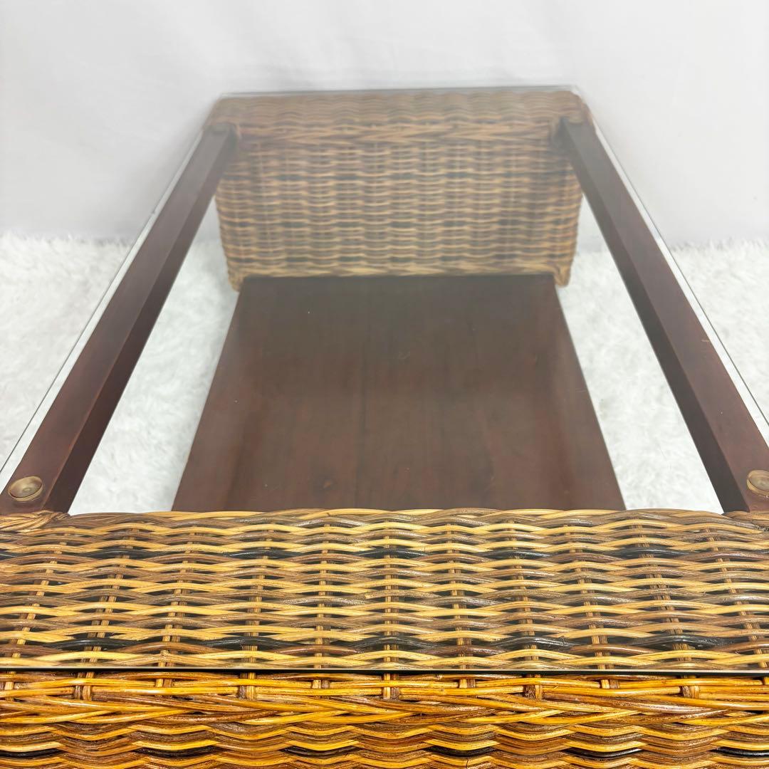 ニッセン レトロ エスニック ラタンテーブル ガラス天板 座卓 センターテーブル