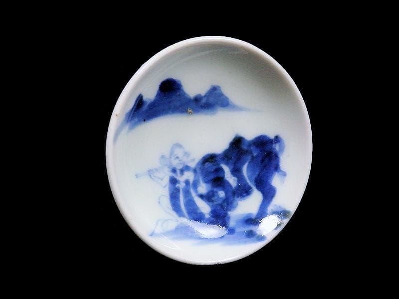 古伊万里　染付　笛吹童子に牛の図　豆皿　C873AS-BWn