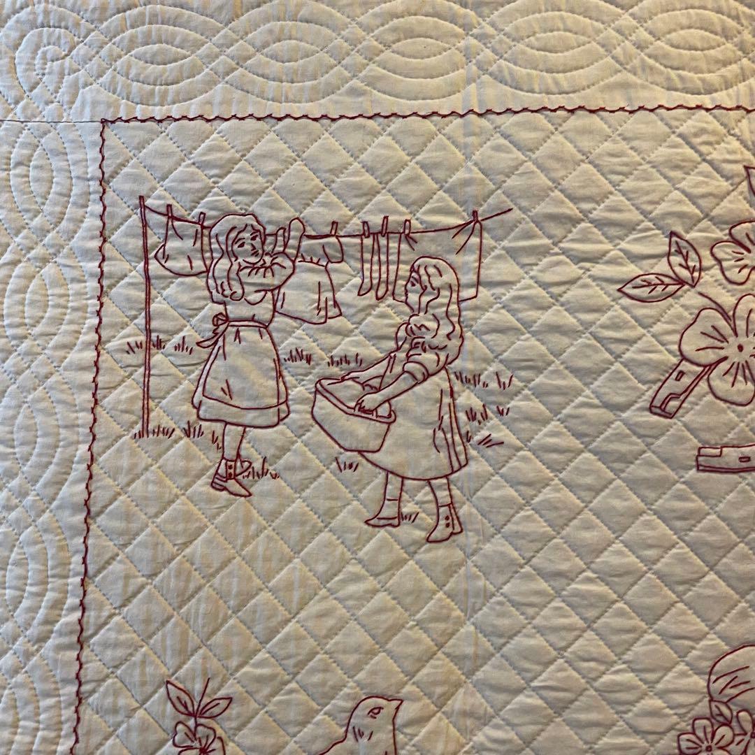 レトロ　カントリー　レッドワーク　刺繍　パッチワークタペストリー　106×105