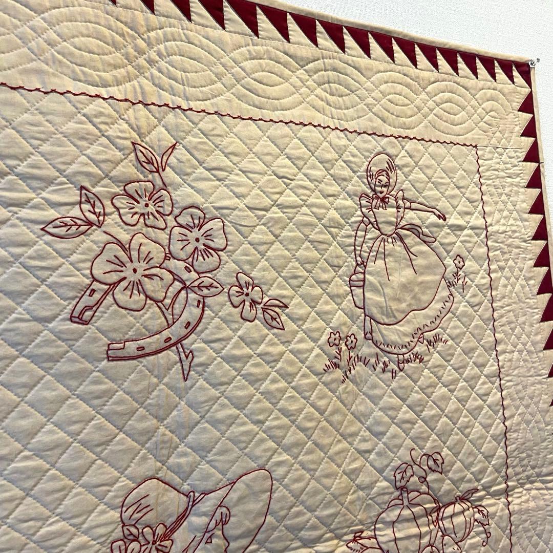 レトロ　カントリー　レッドワーク　刺繍　パッチワークタペストリー　106×105