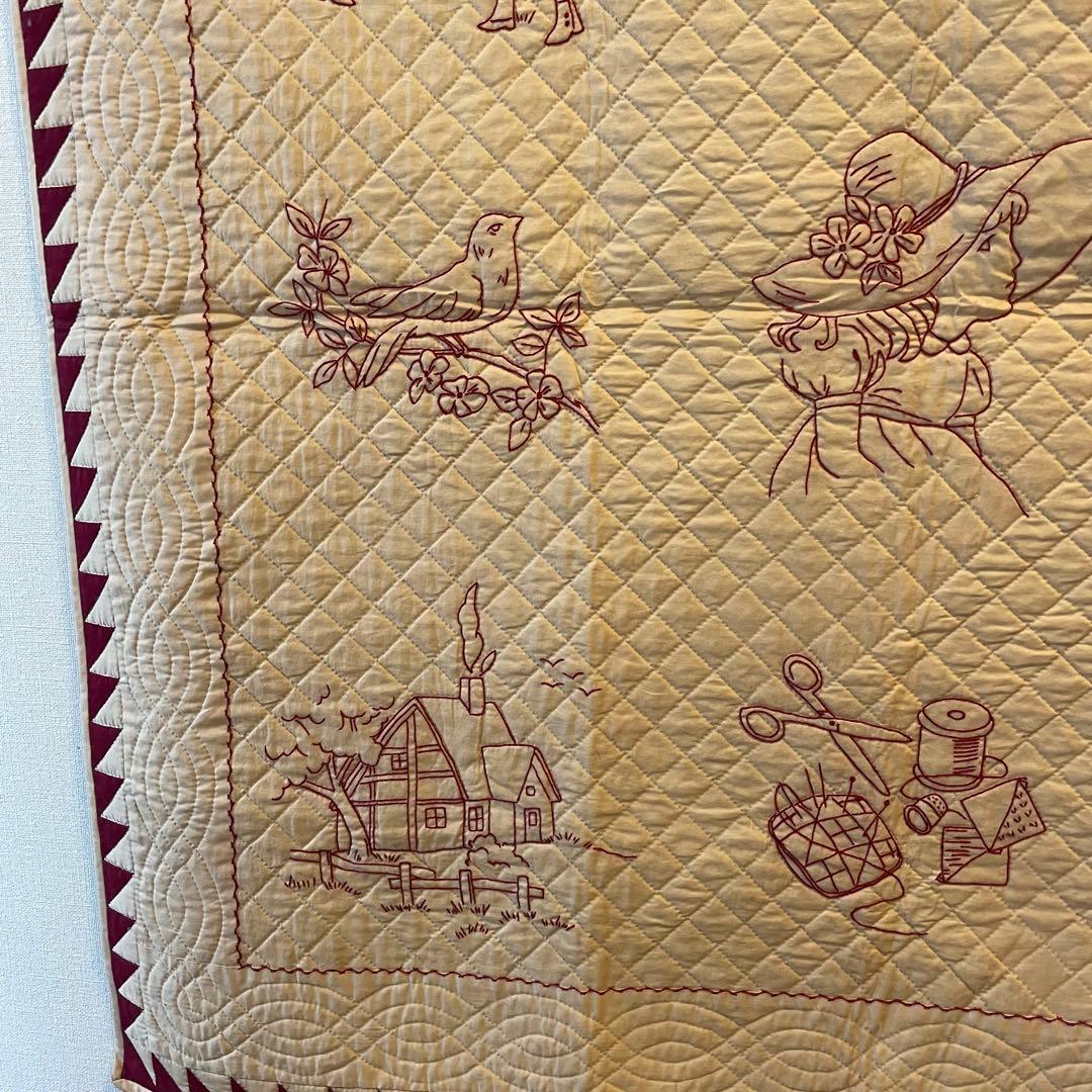 レトロ　カントリー　レッドワーク　刺繍　パッチワークタペストリー　106×105