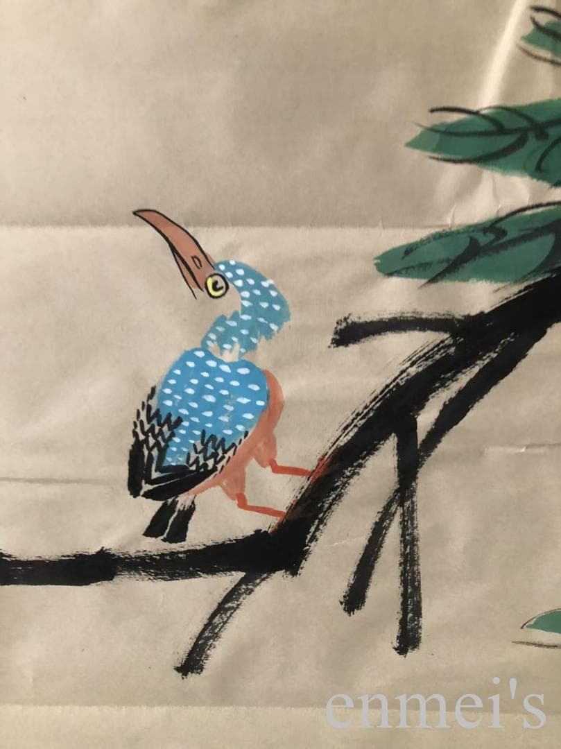 中国古美術・桃図三尺画芯・斉白石印款・水墨彩色画・純手描き・文房