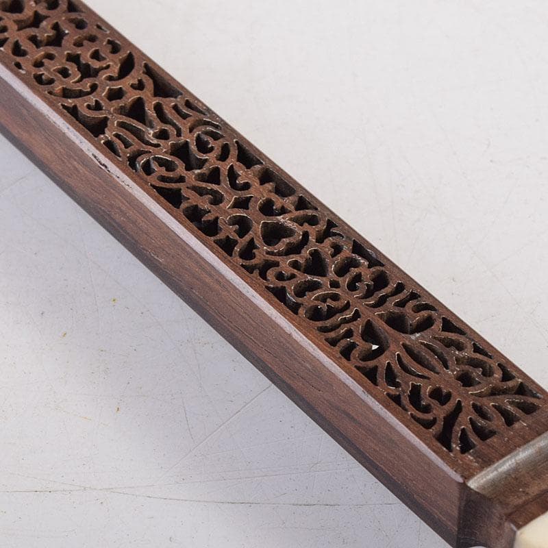 中国　唐木紫檀枠　山水人物彫　檀香宮扇　団扇　証明書付　C　8311