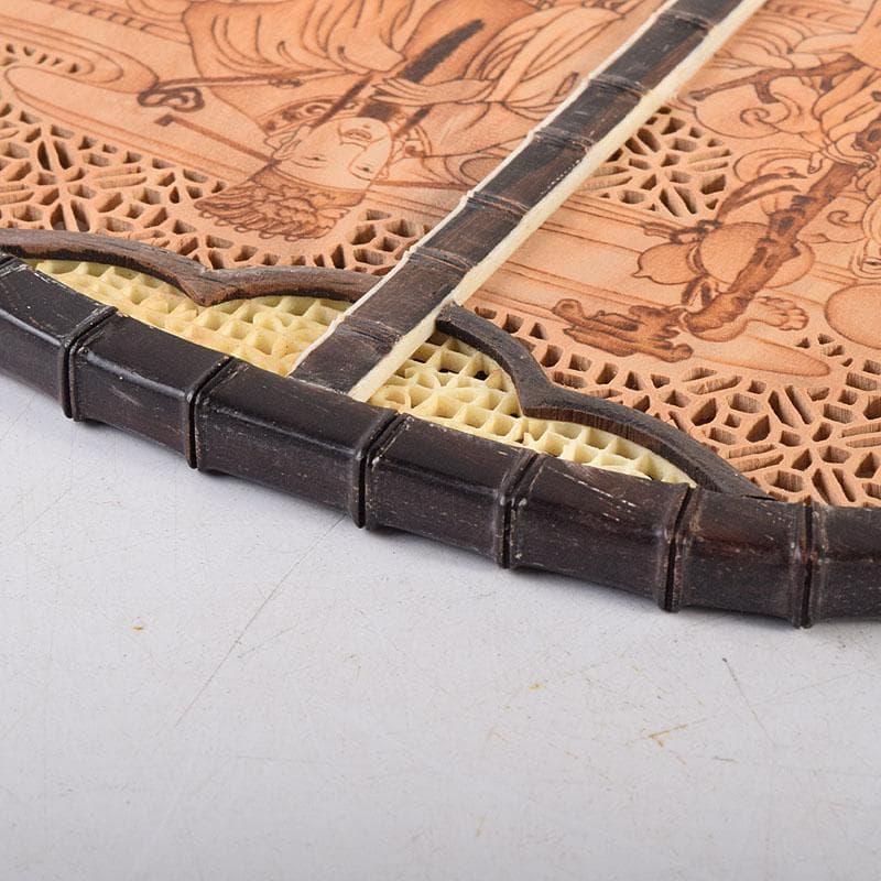 中国　唐木紫檀枠　山水人物彫　檀香宮扇　団扇　証明書付　C　8311