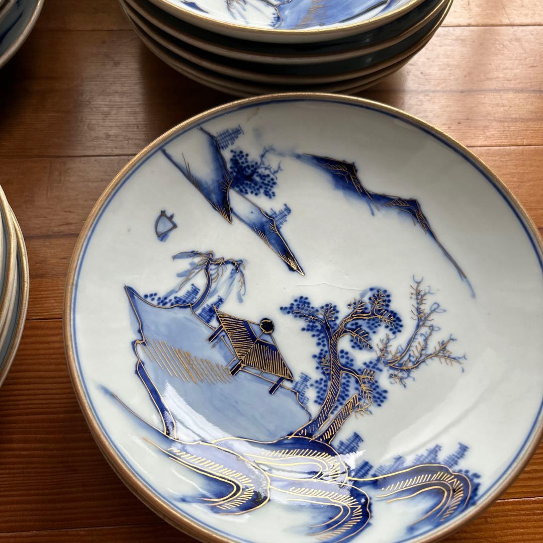 九谷焼 大皿 19枚 青白い景色の皿セット 箱付き