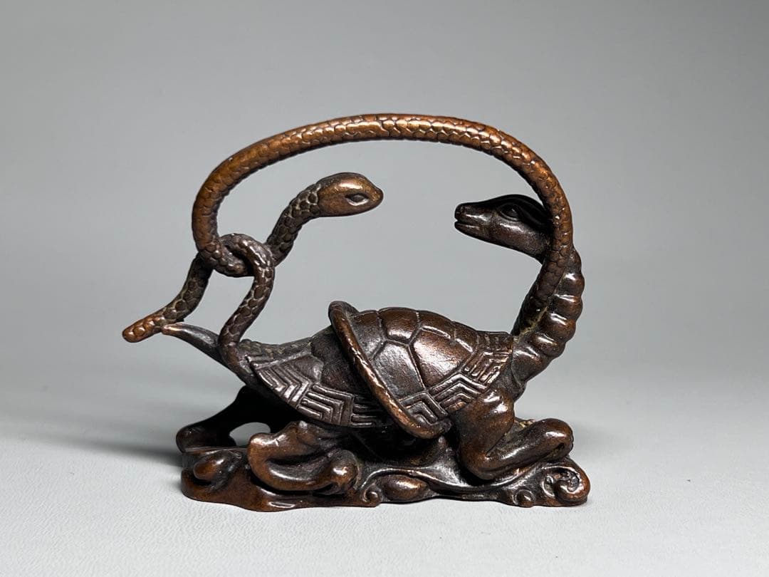 古美術 文鎮 置物 亀と蛇の合体 細工 金属工芸 古銅 骨董品 飾り物