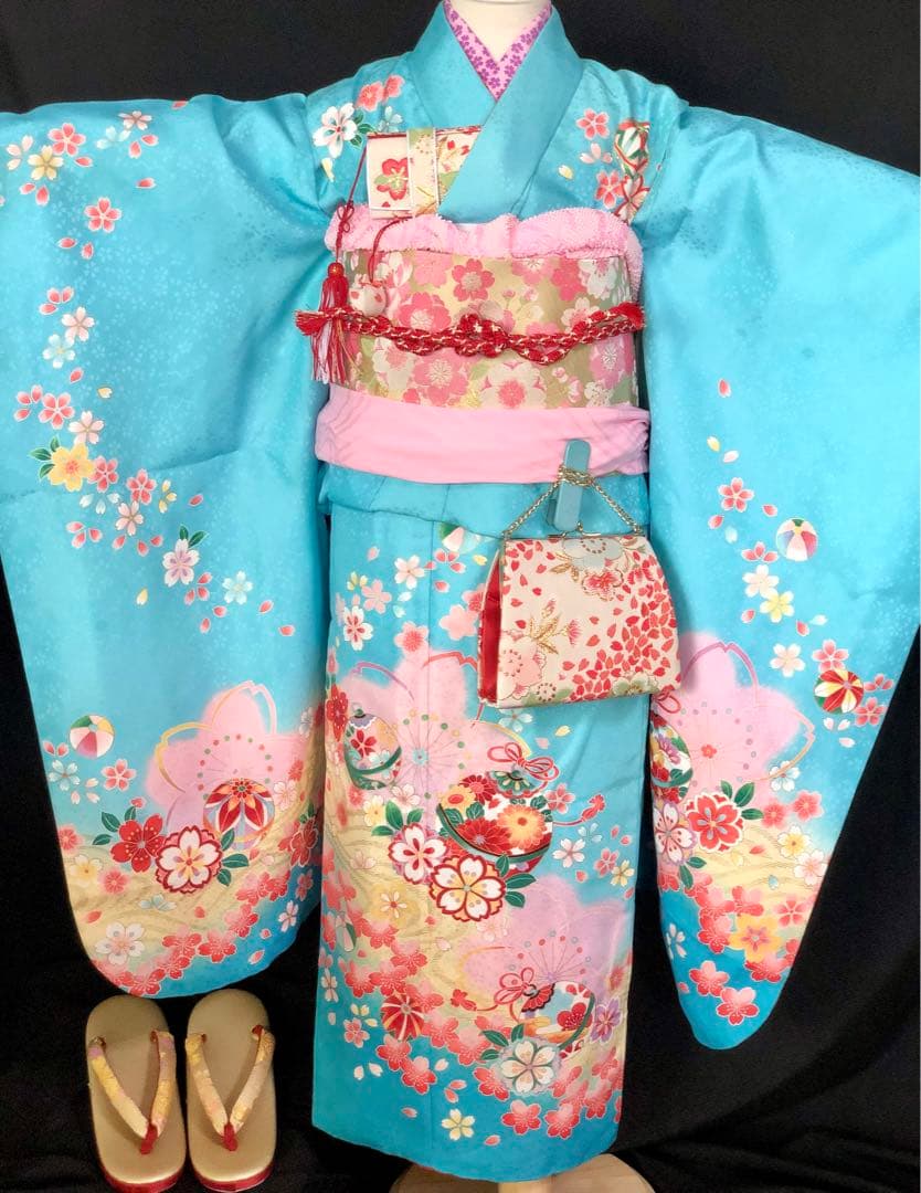 七五三　7歳　女の子　水色　桜　四つ身　着物　作り帯　セット　753 七歳　7才