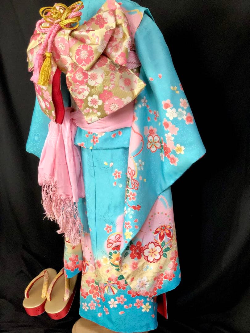 七五三　7歳　女の子　水色　桜　四つ身　着物　作り帯　セット　753 七歳　7才