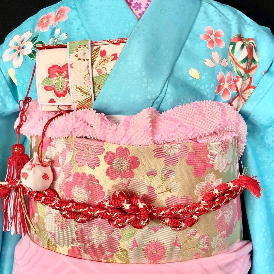 七五三　7歳　女の子　水色　桜　四つ身　着物　作り帯　セット　753 七歳　7才