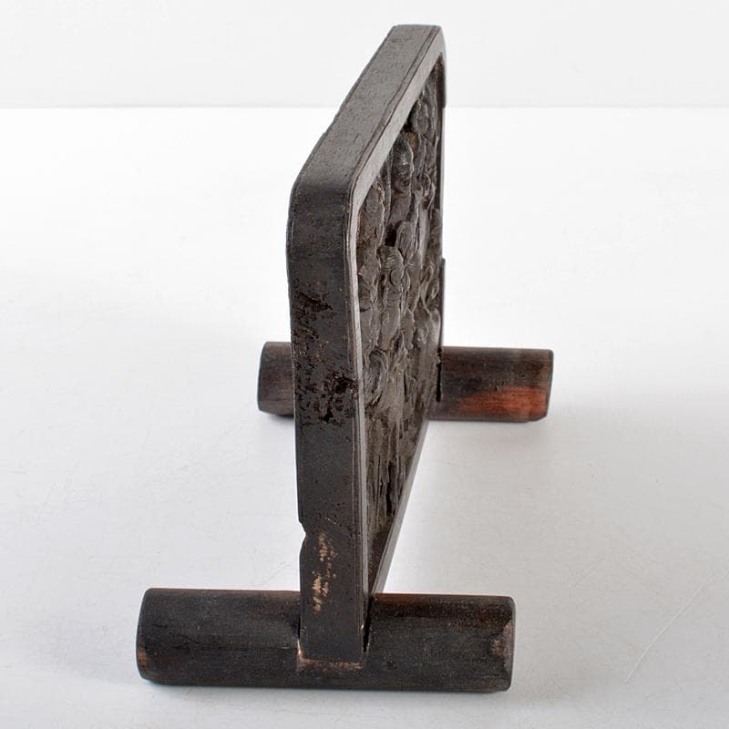 中国　唐木紫檀彫刻　人物彫　衝立　硯屏　置物　M　R5164