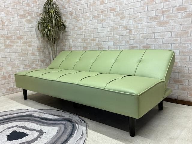 ソファーベッド　ライトグリーン　レザーファブリック　ソファ　新品　大特価