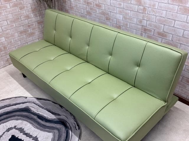 ソファーベッド　ライトグリーン　レザーファブリック　ソファ　新品　大特価