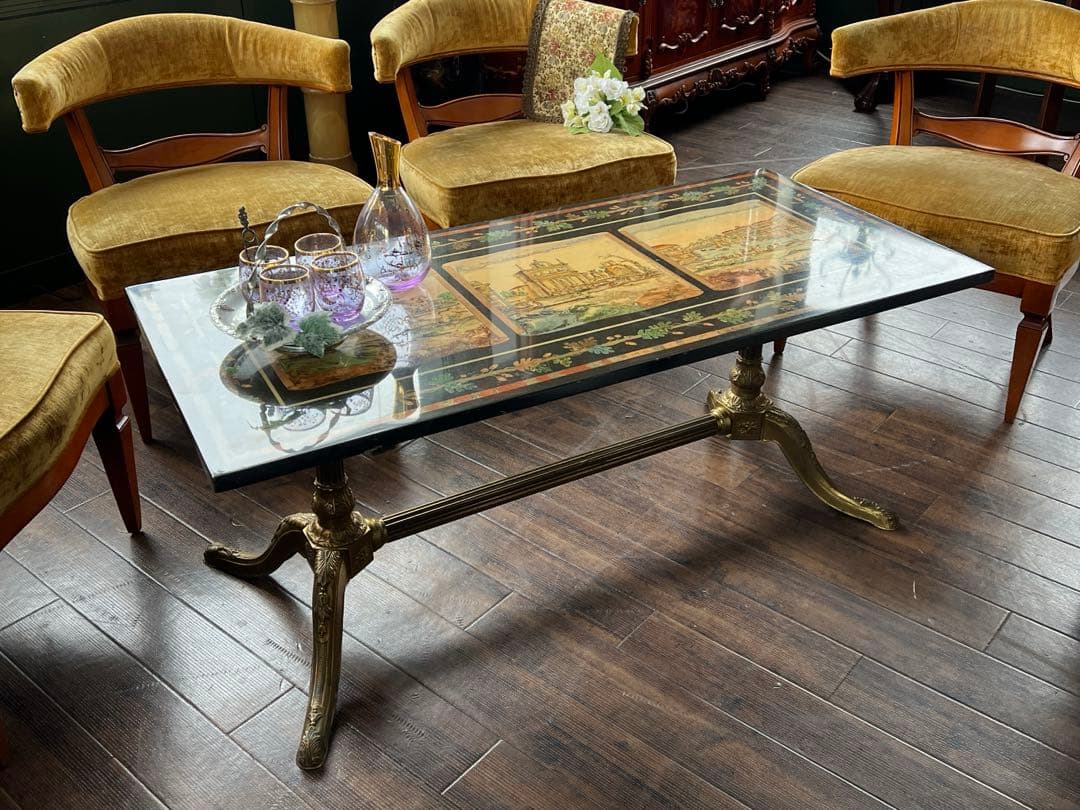 k209r124 イタリアの風景が描かれた装飾的なセンターテーブル 真鍮脚