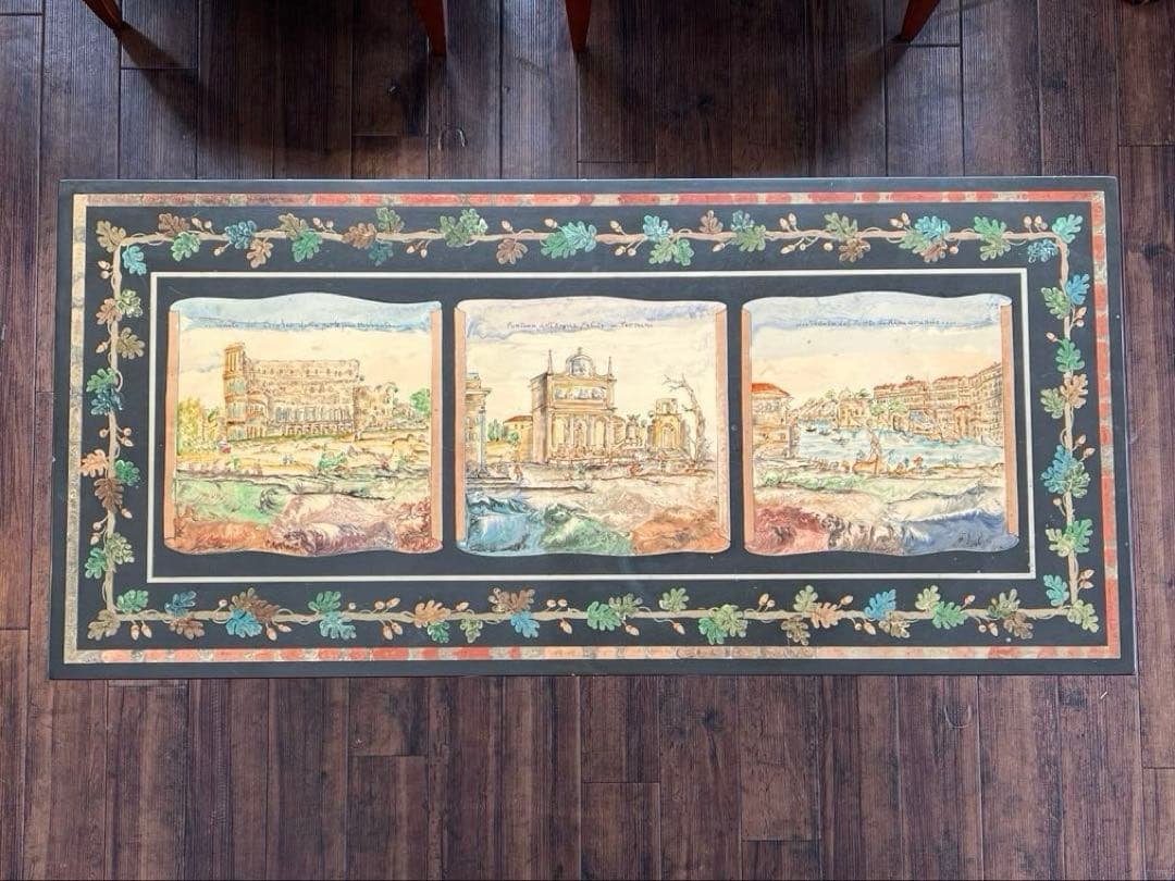 k209r124 イタリアの風景が描かれた装飾的なセンターテーブル 真鍮脚