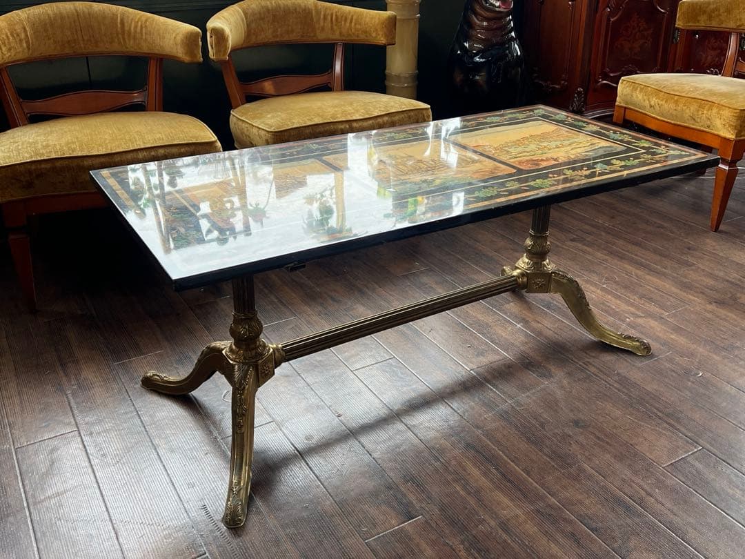 k209r124 イタリアの風景が描かれた装飾的なセンターテーブル 真鍮脚