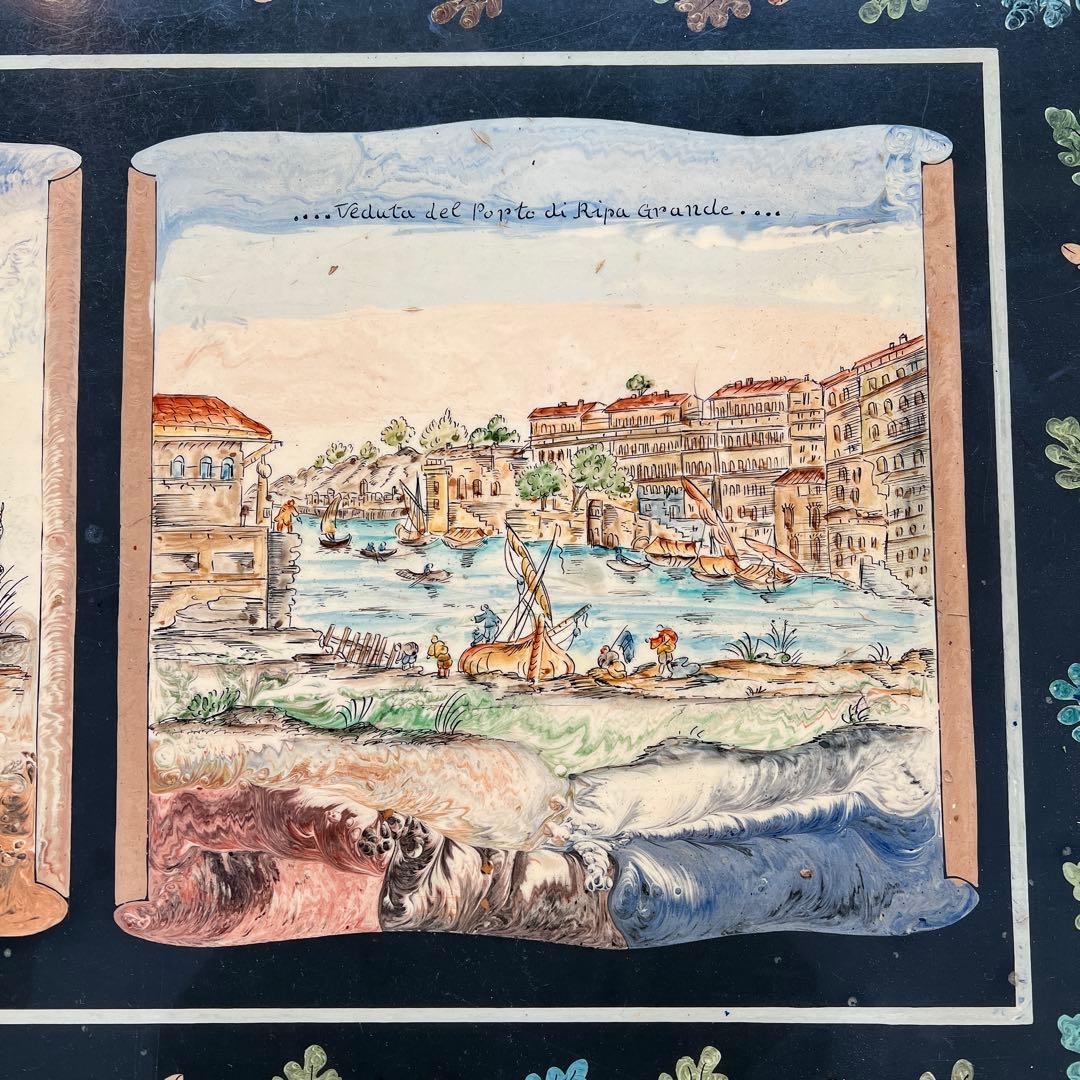 k209r124 イタリアの風景が描かれた装飾的なセンターテーブル 真鍮脚